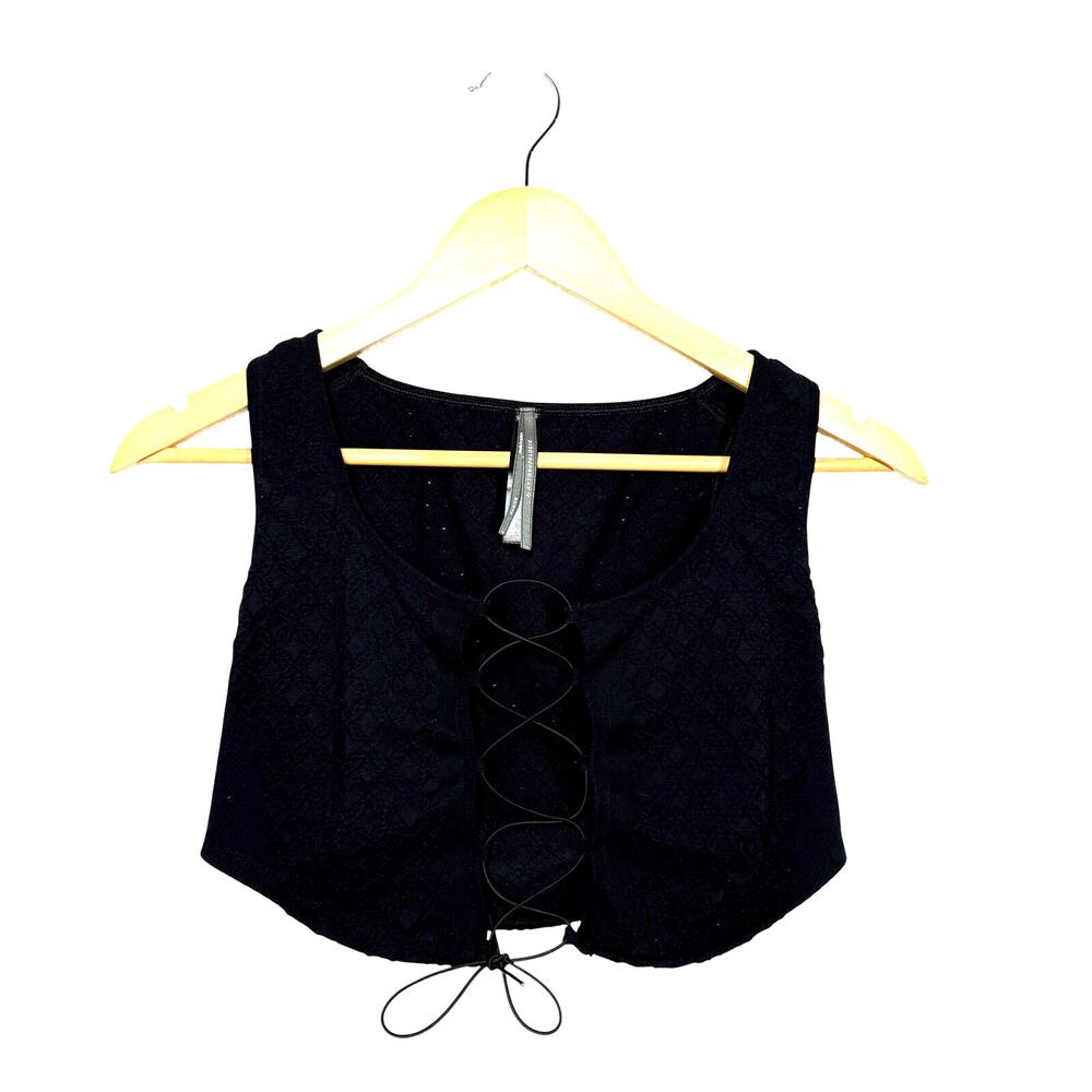 Anthropologie Lace Up Front Crop Top XXS/XS Black Embroidered Goth Grunge Sexy